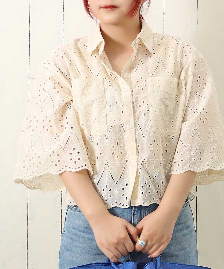 スカラップレースブラウス 長袖 長袖シャツ 長袖ブラウス トップス