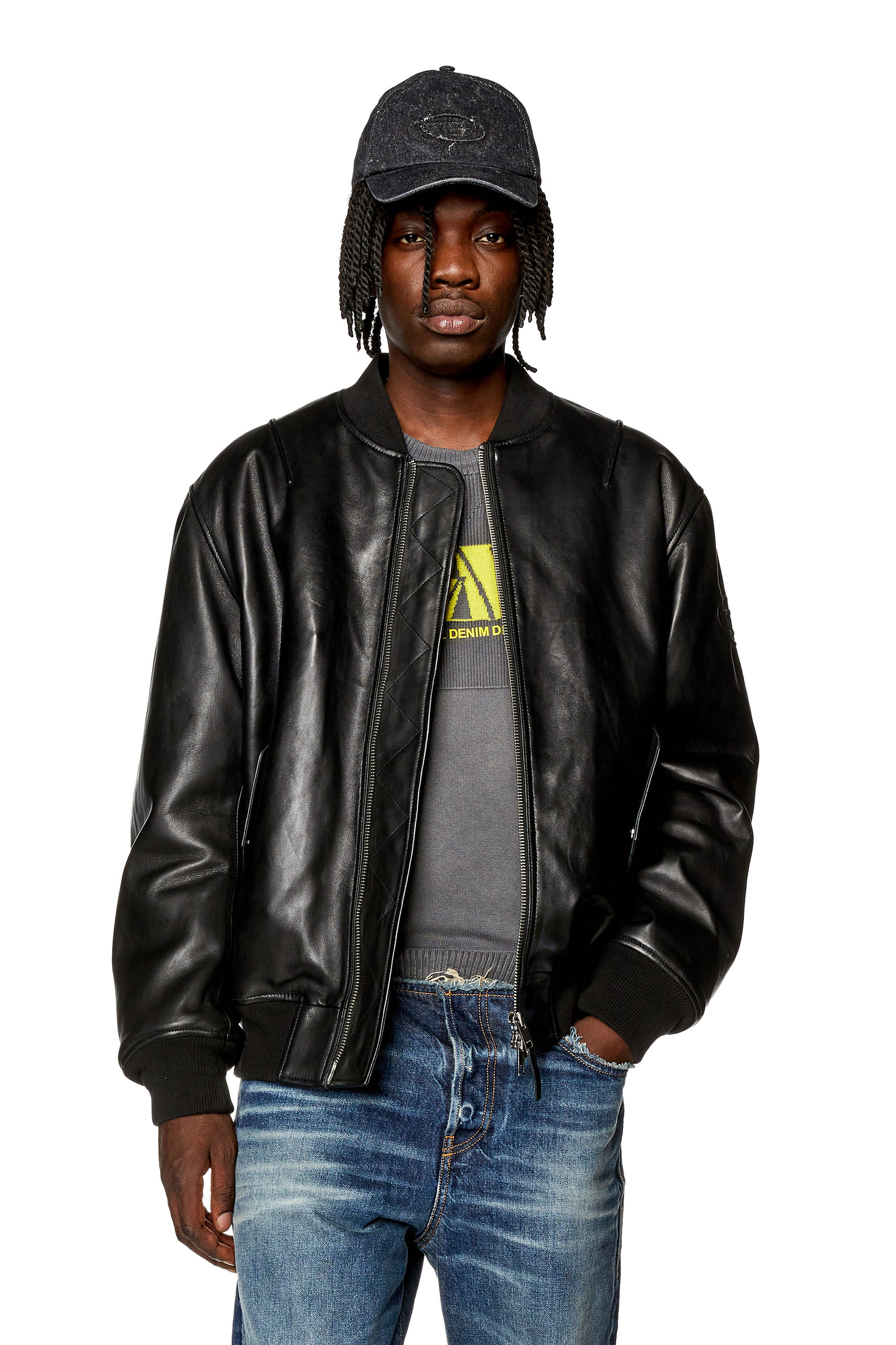 Men's Padded jacket in tumbled leather | Black | Diesel