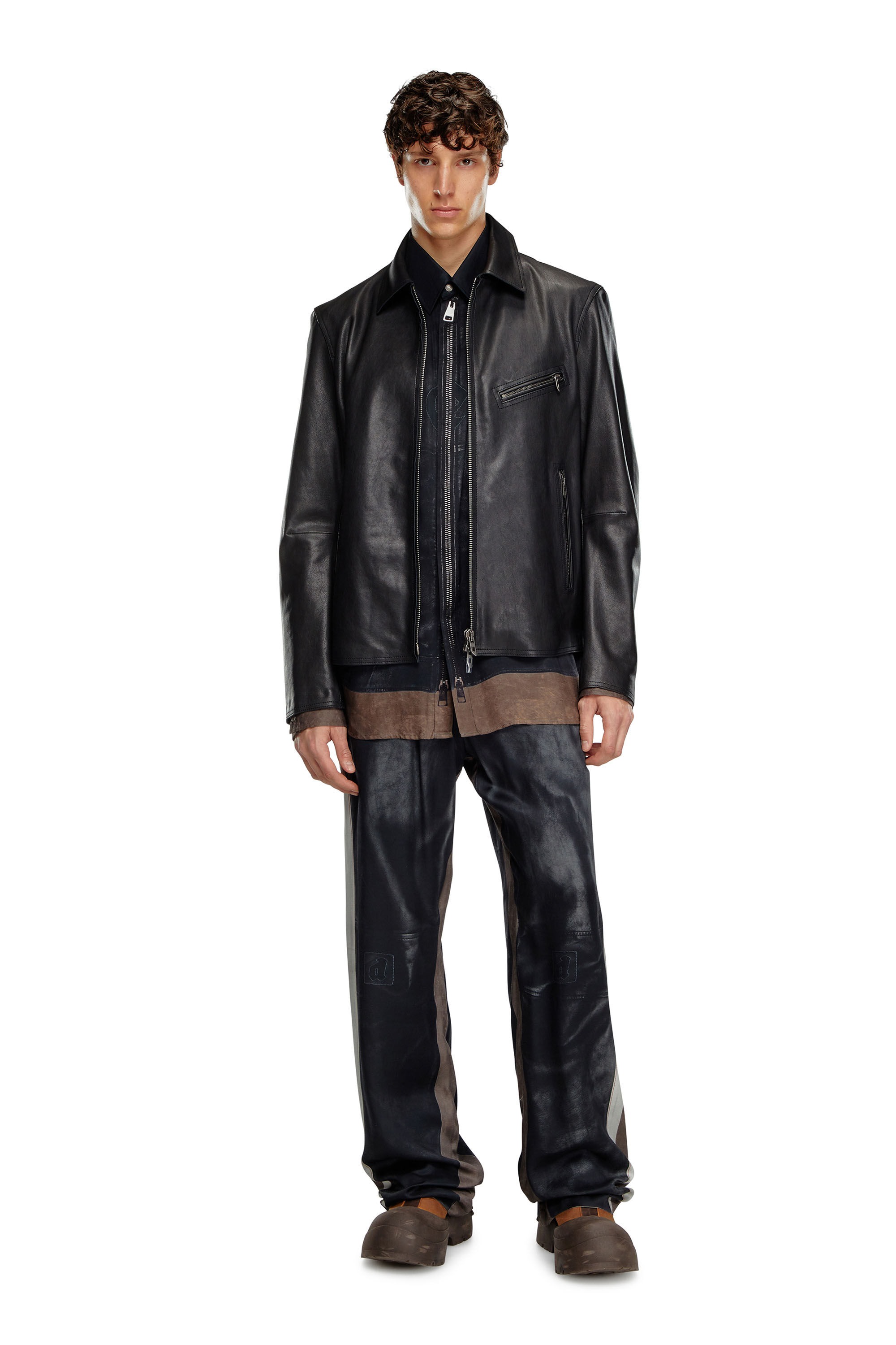 Men's Leather jacket with embossed Oval D | Black | Diesel