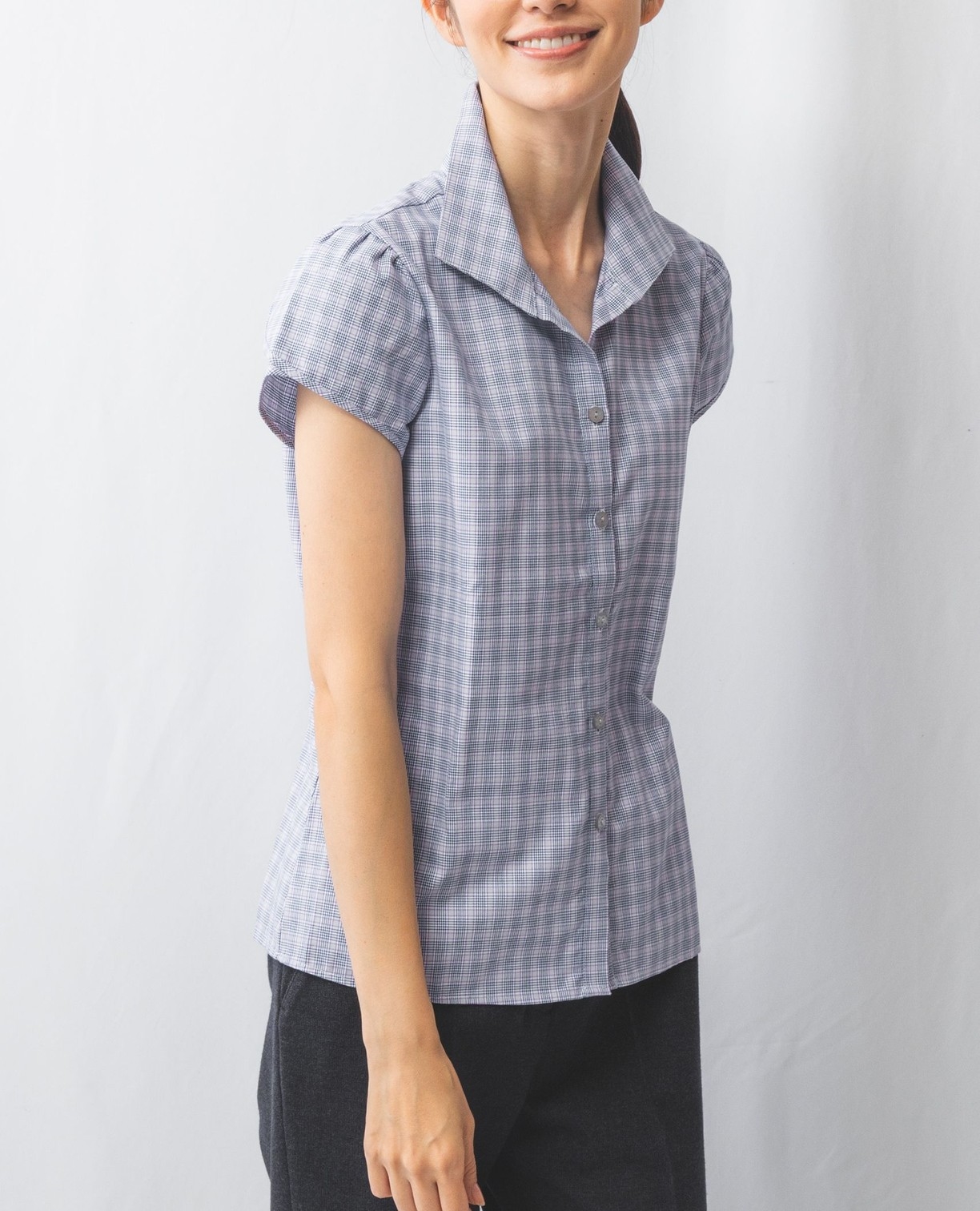 NARACAMICIE】チェックスタンドカラー半袖シャツ(1(M)9号 グレー