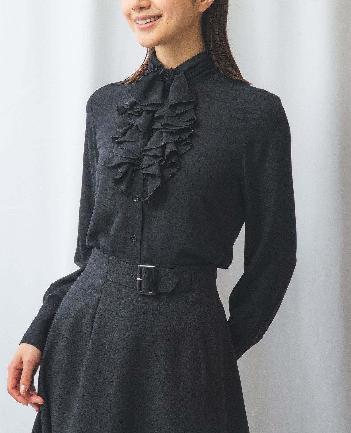 NARACAMICIE】ジョーゼットフリル長袖ブラウス(1(M)9号 ブラック