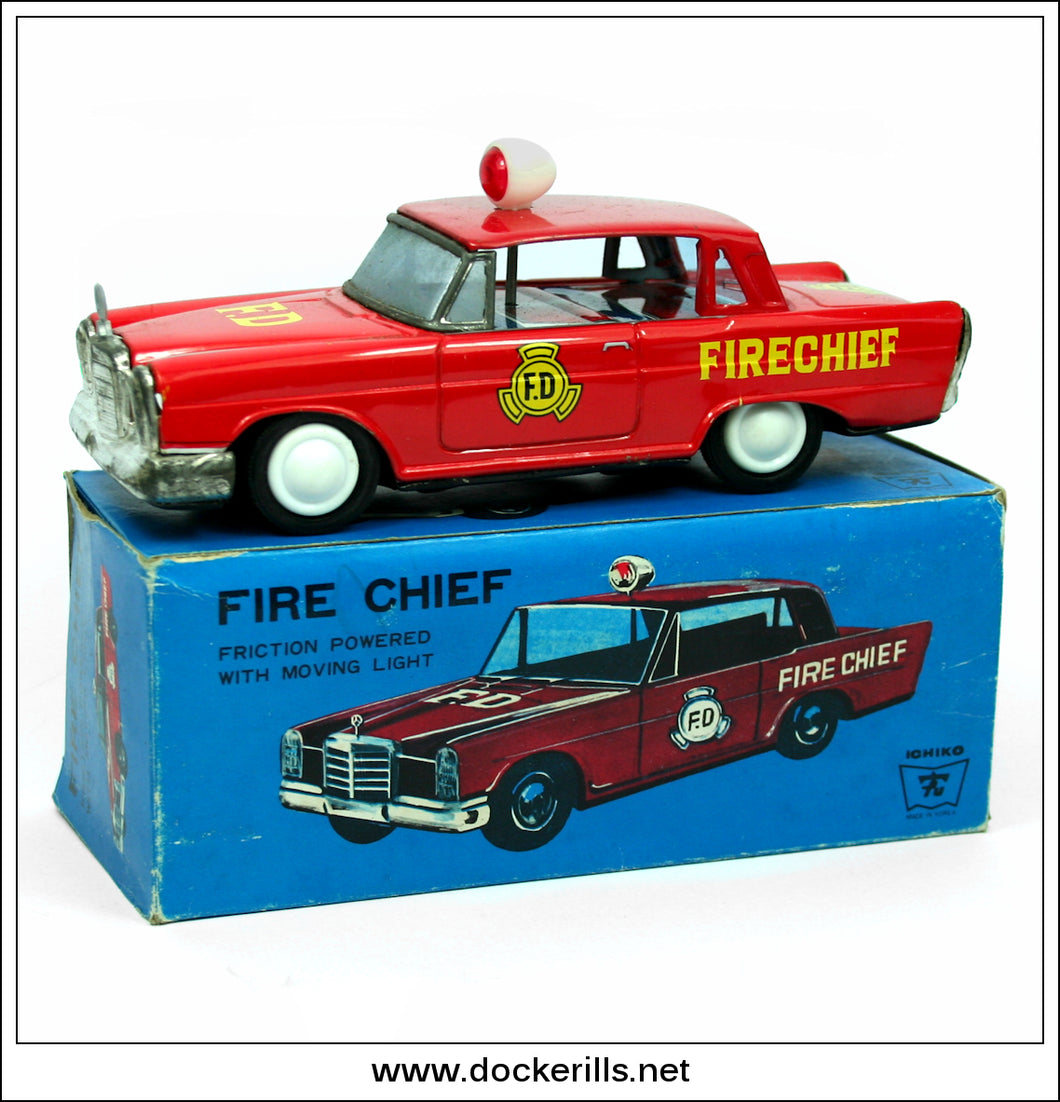 Mercedes Fire Chief Car. Vintage Friction Drive Tin Plate Toy
