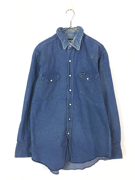 古着 80s USA製 Wrangler 70127MW ブルー デニム ウエスタン シャツ 16