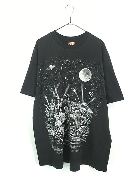 古着 90s USA製 Disney ミッキー ミニー 宇宙 惑星 パーク モノクロ