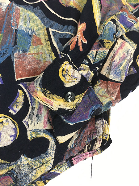 古着 90s Goouch 抽象画 マルチ アート 総柄 レーヨン シャツ L 古着