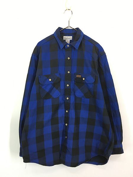 古着 Carhartt 青×黒 ブロック チェック ヘビー フランネル シャツ