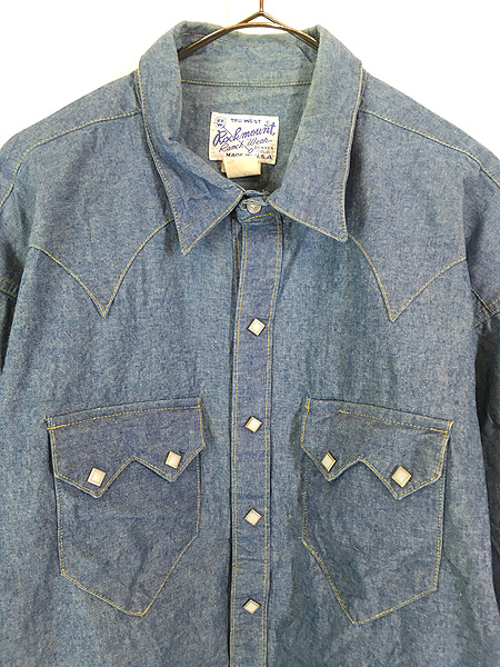 古着 90s USA製 Rockmount ブルー デニム ウエスタン シャツ L - 古着