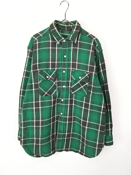 古着 60s マチ付 グリーン チェック ヘビー フランネル シャツ
