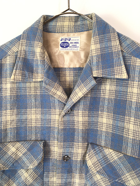 古着 60s Sears PILGRIM 好配色 ブルー チェック 開襟 ボックス ウール