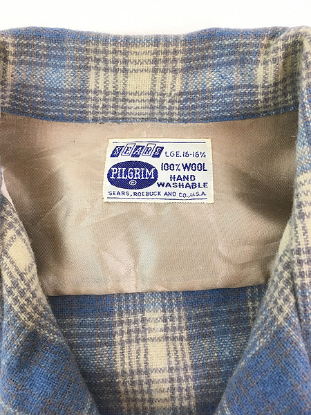 古着 60s Sears PILGRIM 好配色 ブルー チェック 開襟 ボックス ウール