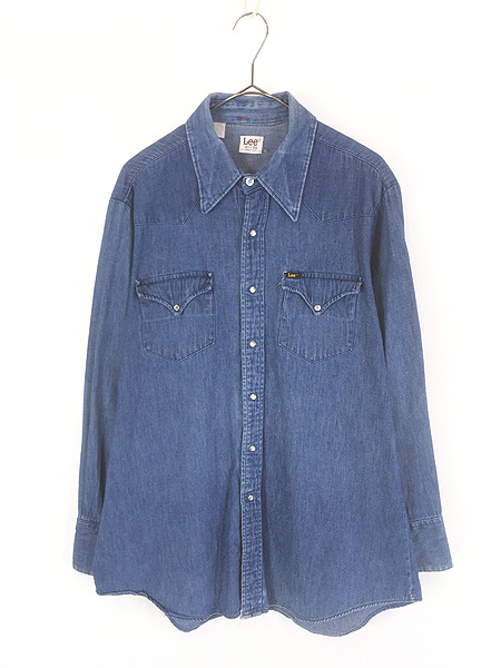 古着 70s USA製 Lee 白タグ ブルー デニム ウエスタン シャツ 16 1/2位