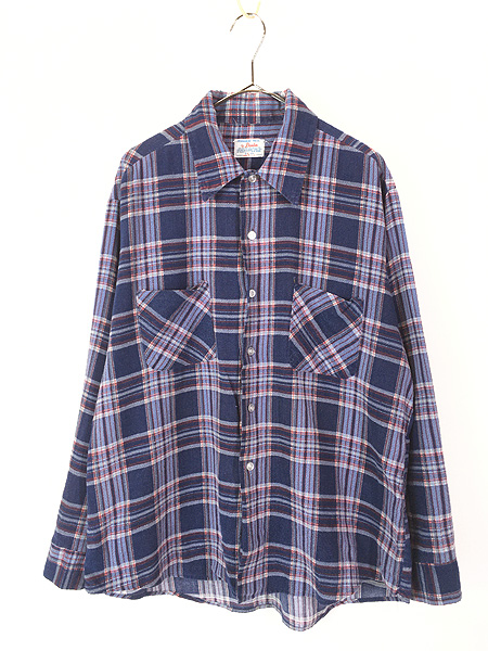 古着 70s USA製 Donlin ブルー チェック プリント ライト フランネル