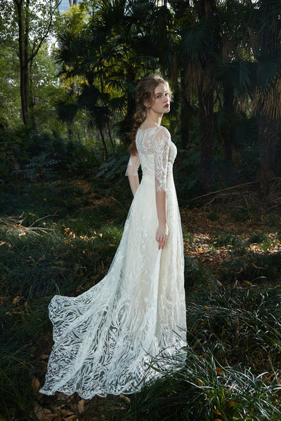 刺繍レース 七分袖 Aラインドレス（W213）