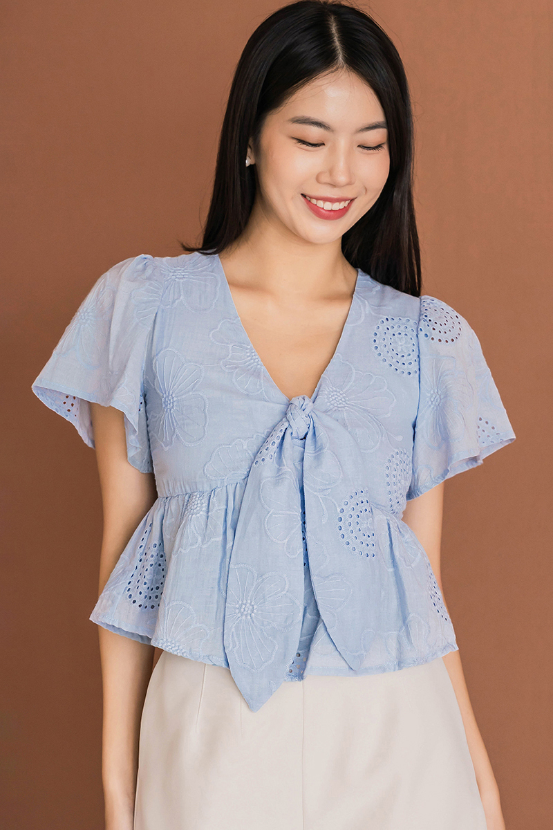 Jayley Tie-Front Peplum Top (Cornflower Blue Embroidery) | Dear Lyla