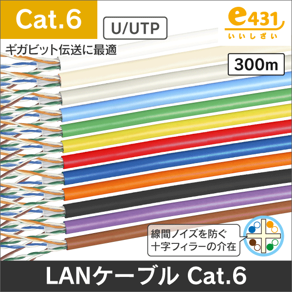 LANケーブル 300m巻 Cat.6 カテゴリー6 フリーコイル巻 ホワイト(白