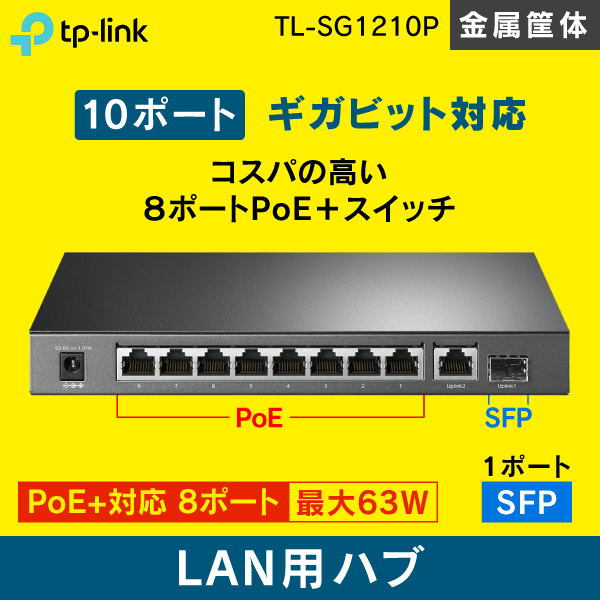 TP-LINK】スイッチングハブ 10ポート【PoE+対応 / SFP1ポート