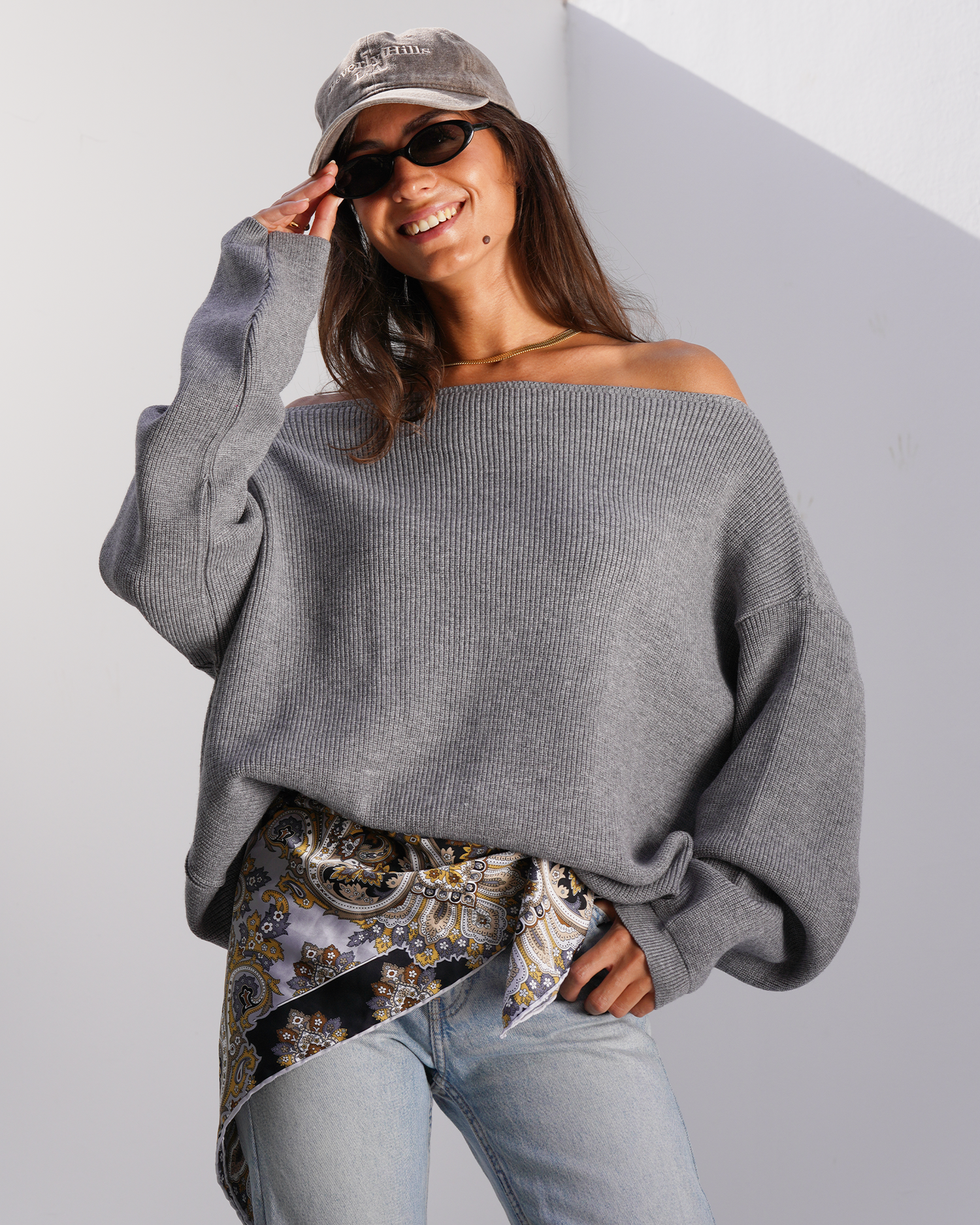 Grey Off-Shoulder Knit Sweater – Earth Gallery