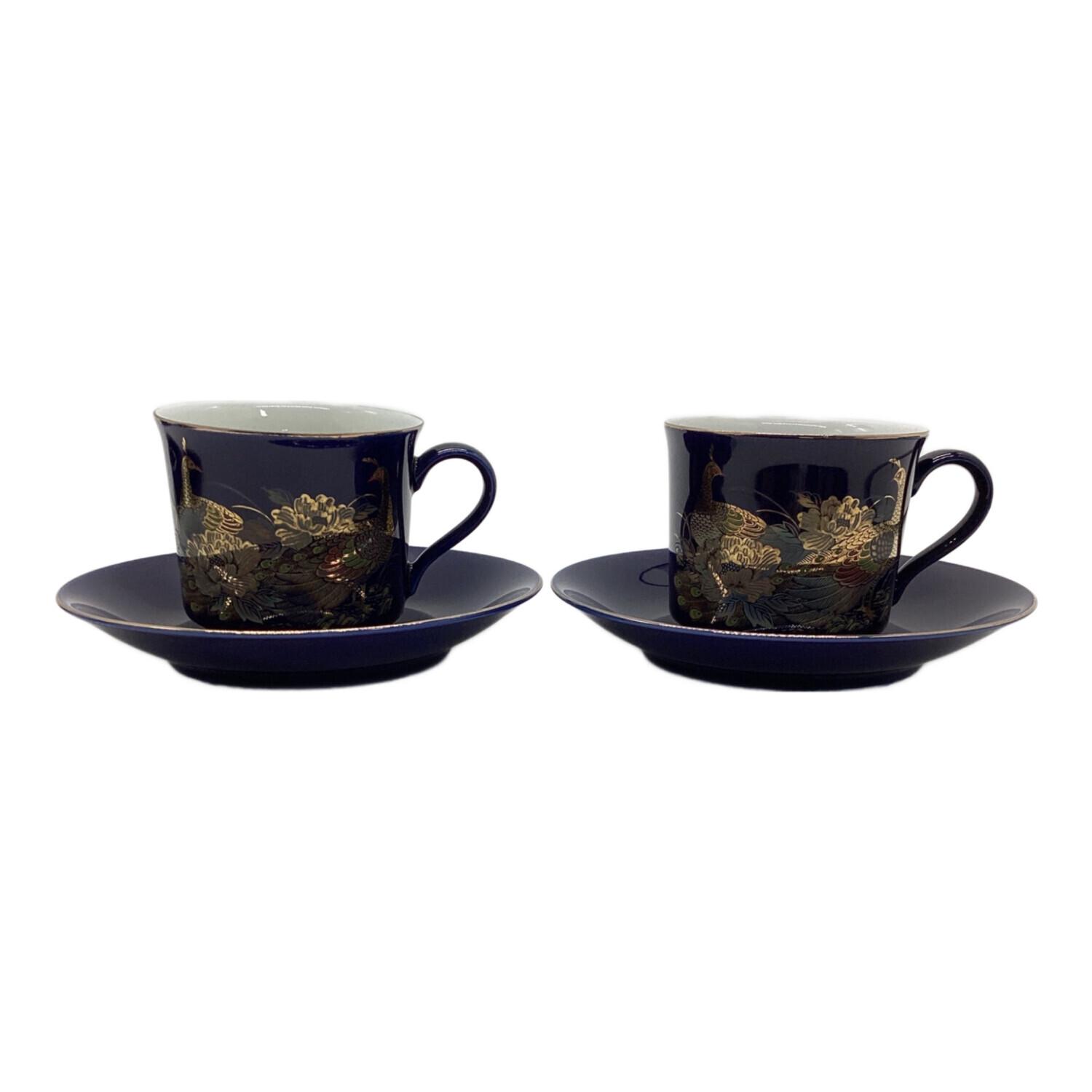 九谷焼 (クタニヤキ) コーヒーカップ&ソーサー 金彩 孔雀 瑠璃色 5P
