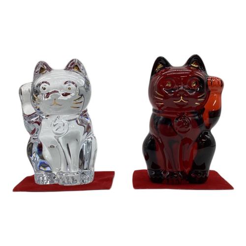 Baccarat (バカラ) 招き猫 クリア・レッド 2体セット 底面キズ小
