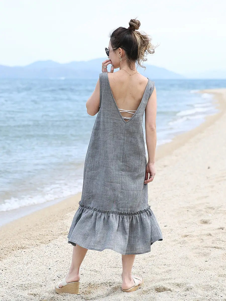 MOLABI(モラビ)近江ちぢみ（麻）背中開きマキシワンピース/ブラック