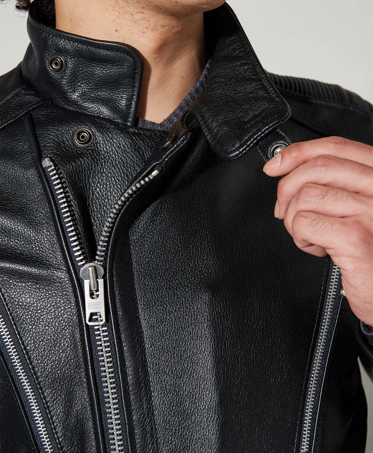 n❣️14th addict❣️レザーとストレッチ素材のハイネックジャケット n