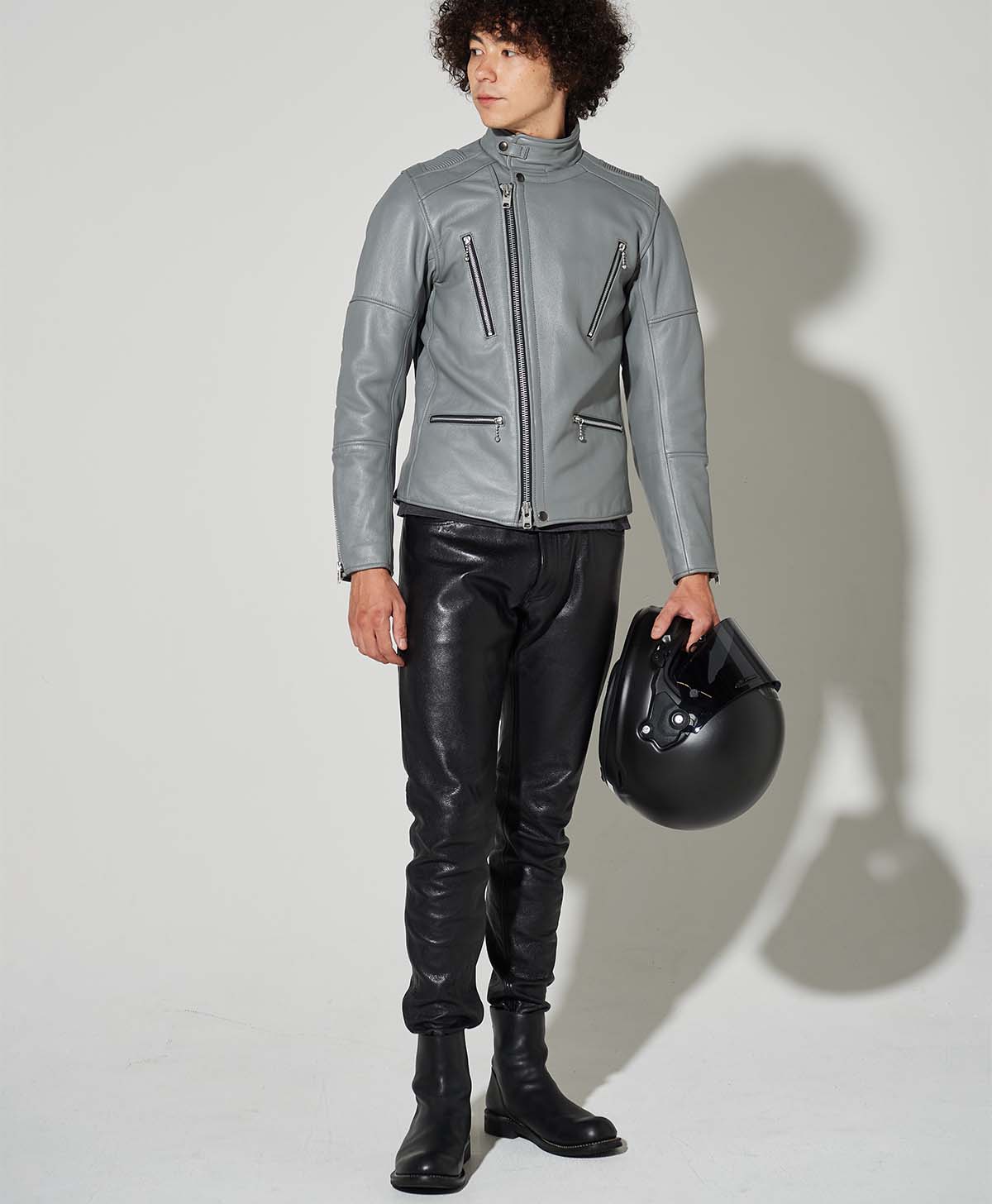 n❣️14th addict❣️レザーとストレッチ素材のハイネックジャケット n