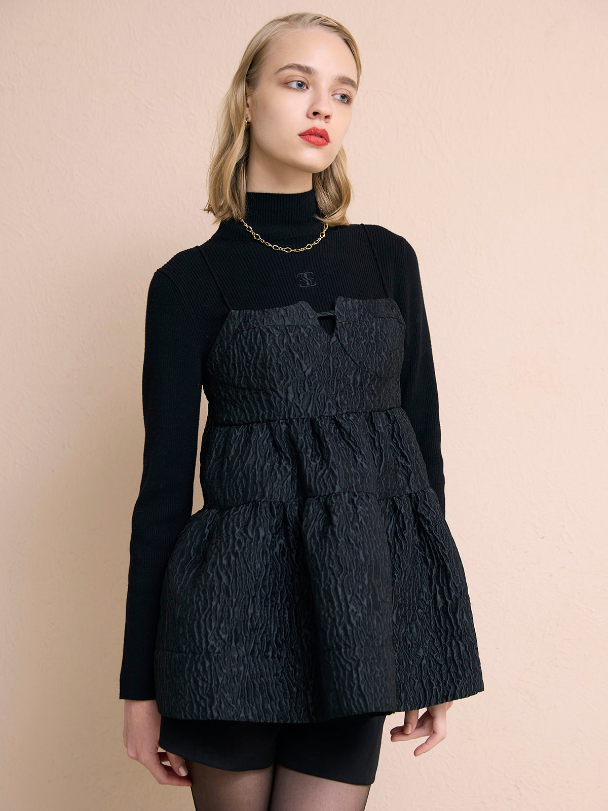 2wayバックリボンジャガードペプラムトップス