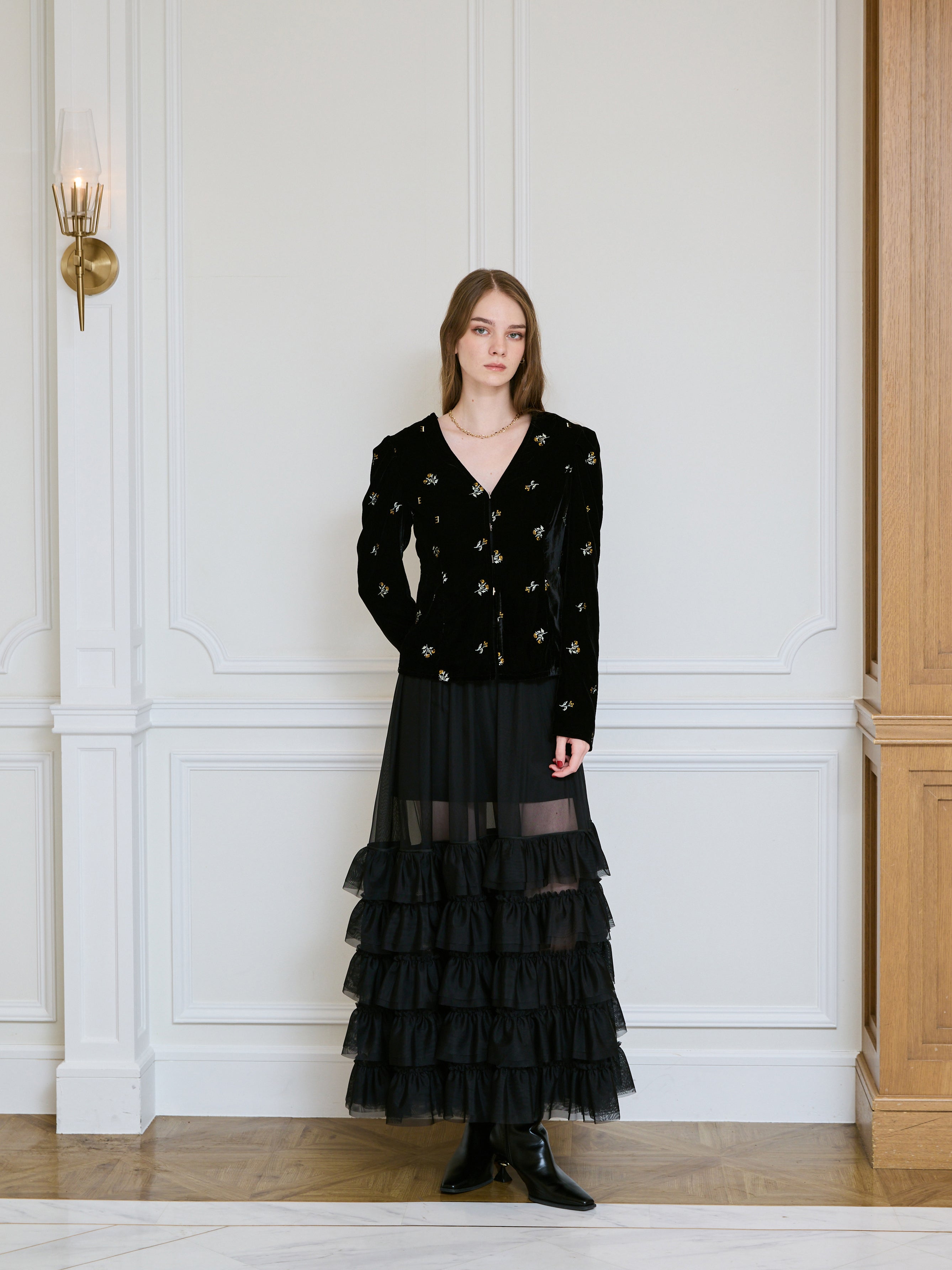 フラワーモチーフベルベットパフショルダージャケット