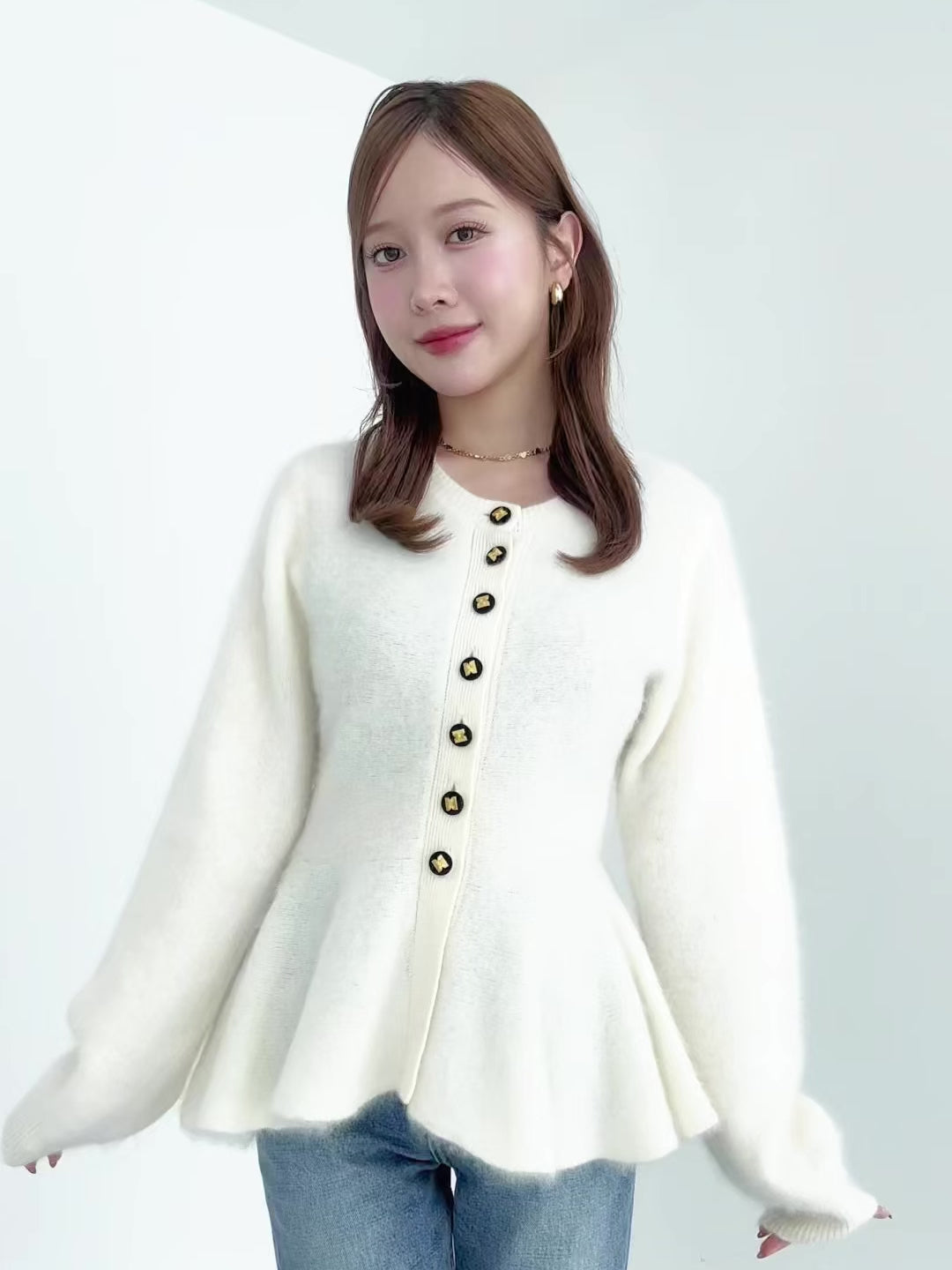 ウール起毛ペプラムニットカーディガン