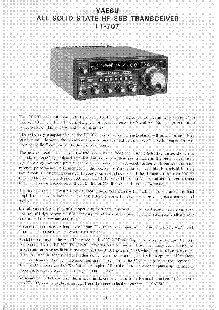 YAESU FT-707 TRANSCEIVER Service Manual download, schematics