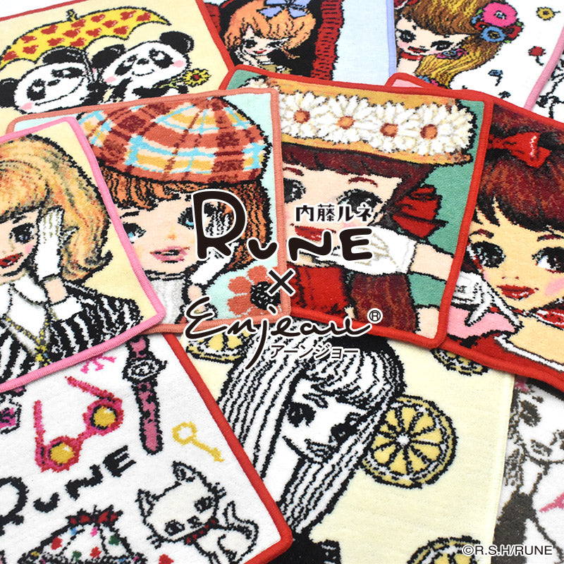 日本製 RUNE 内藤ルネ カンカン帽の少女 ハンカチ シェニール織 23cm