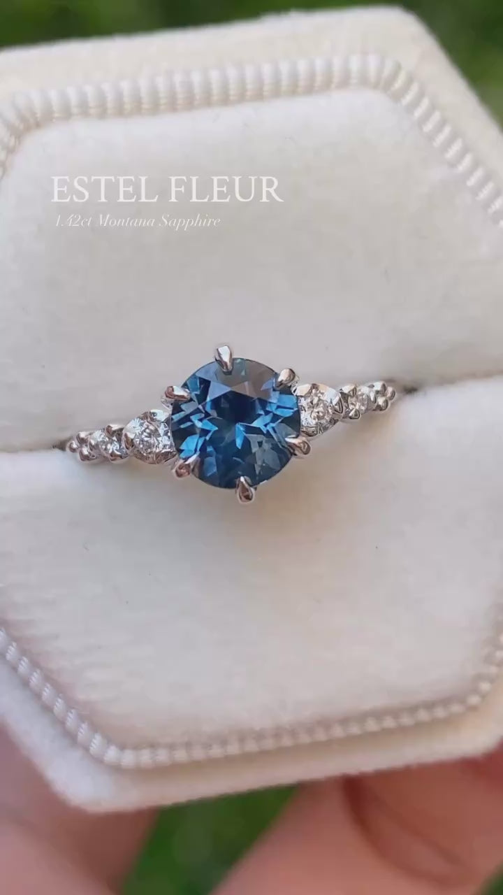 Estel Fleur Six Prongs Ring 1.42ct Deep Teal Blue Montana Sapphire