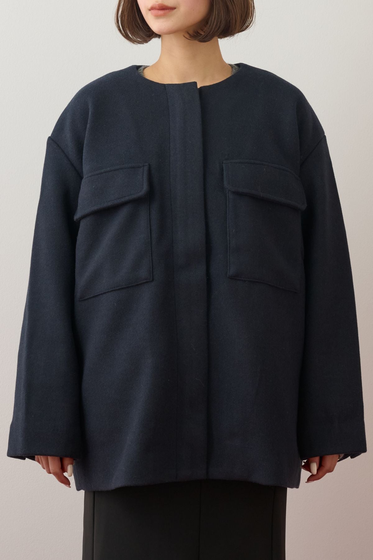 ウールミックスメルトンノーカラーコート/ネイビー – ESICA