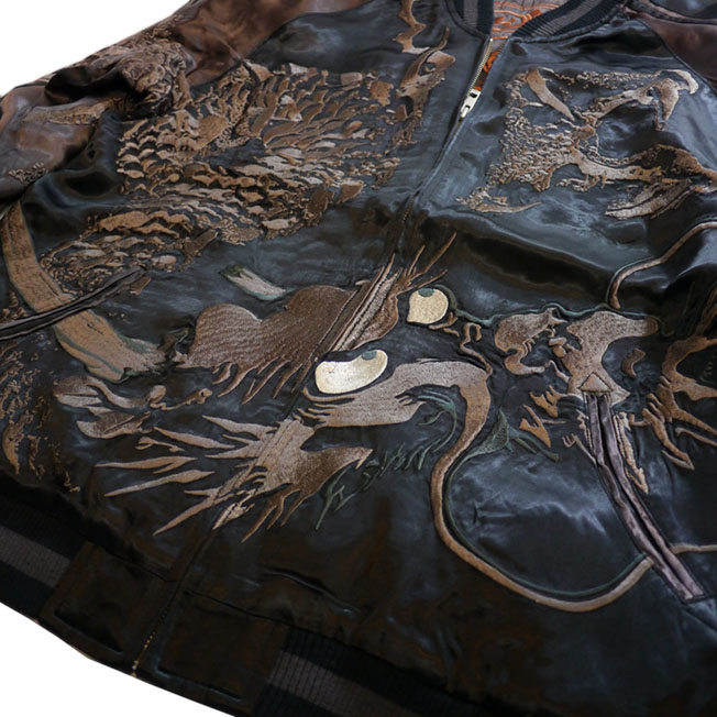 龍桜 [ 伏龍 ] 刺繍 リバーシブル スカジャン ブラック×チャコールグレー