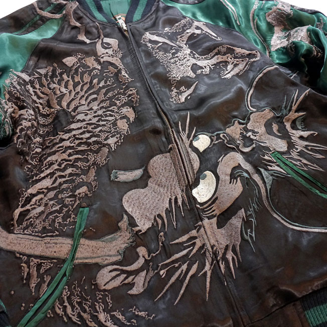 龍桜 [ 伏龍 ] 刺繍 リバーシブル スカジャン ブラック×グリーン