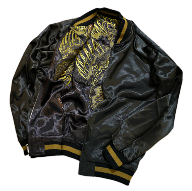 花旅楽団 金筋彫り鳳凰 刺繍 リバーシブルスカジャン ブラック