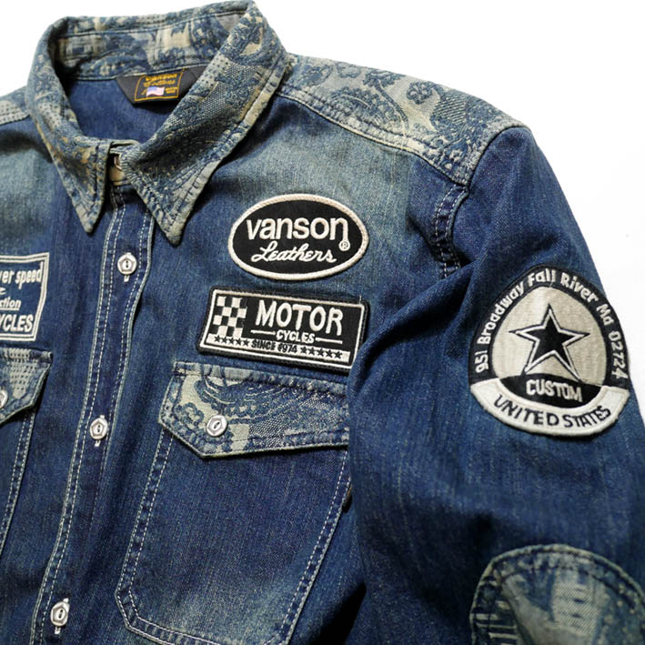 VANSON (バンソン）ワンスター デニム×ジャガード切り替えシャツ NVSL