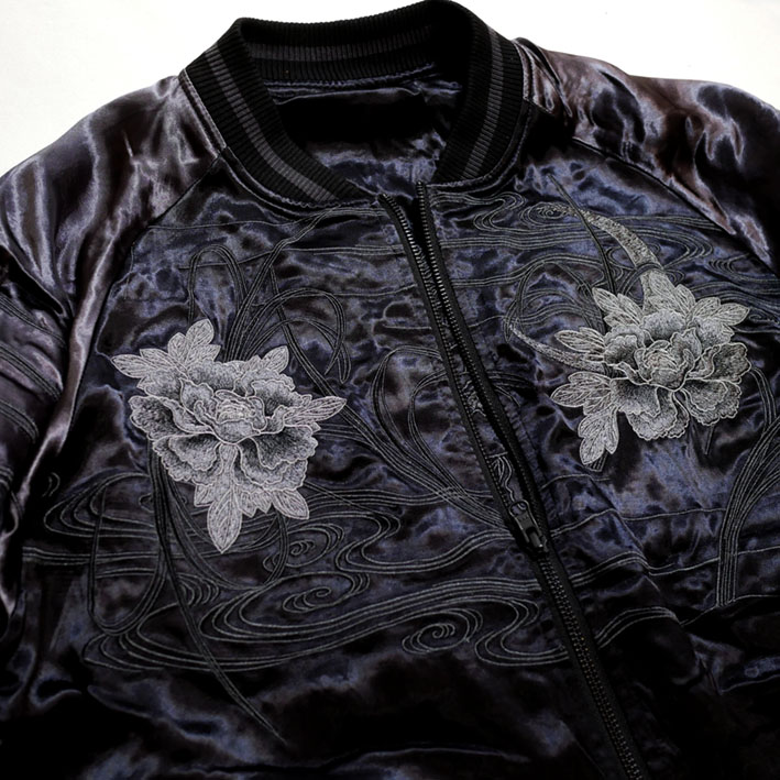 絡繰魂 漆 [ 唐獅子牡丹 ] 刺繍 リバーシブル スカジャン ブラック