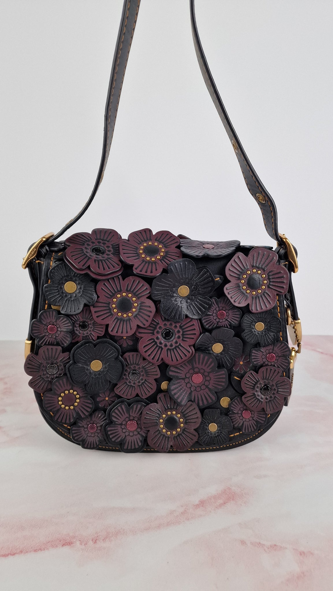 Coach 1941 Saddle 23 Bag in Black & Burgundy Tea Roses Appliqué