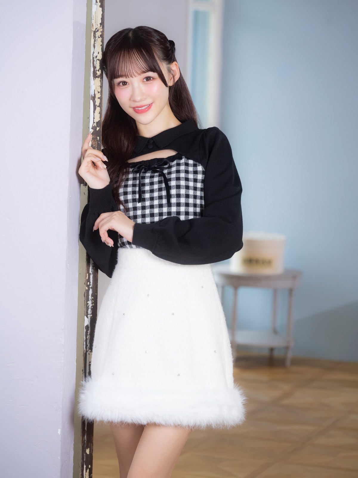 evelyn ファービジューペプラムニット ホワイト ミニスカート セット