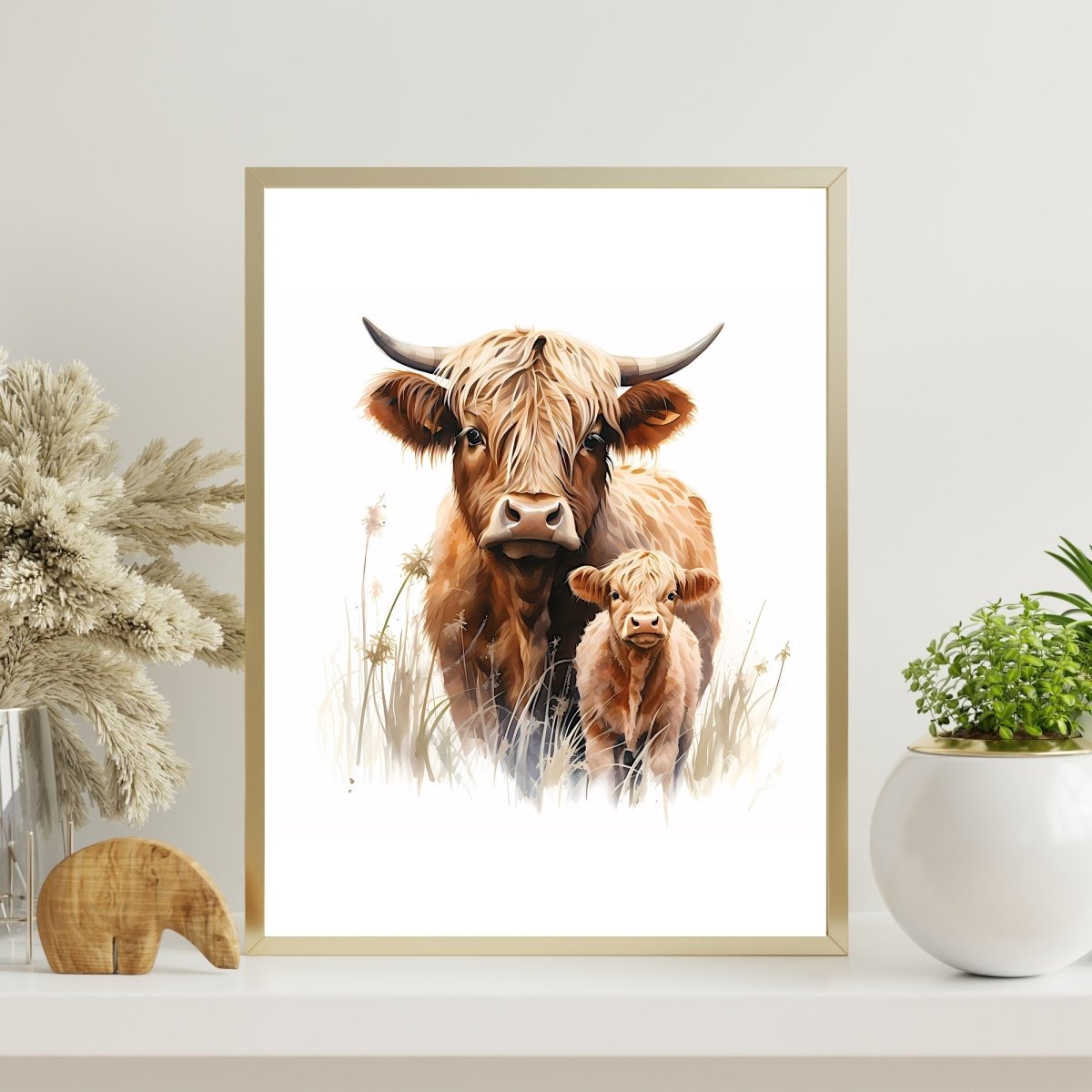 Highland Cow Mother & Calf - Watercolor Nursery Wall Art