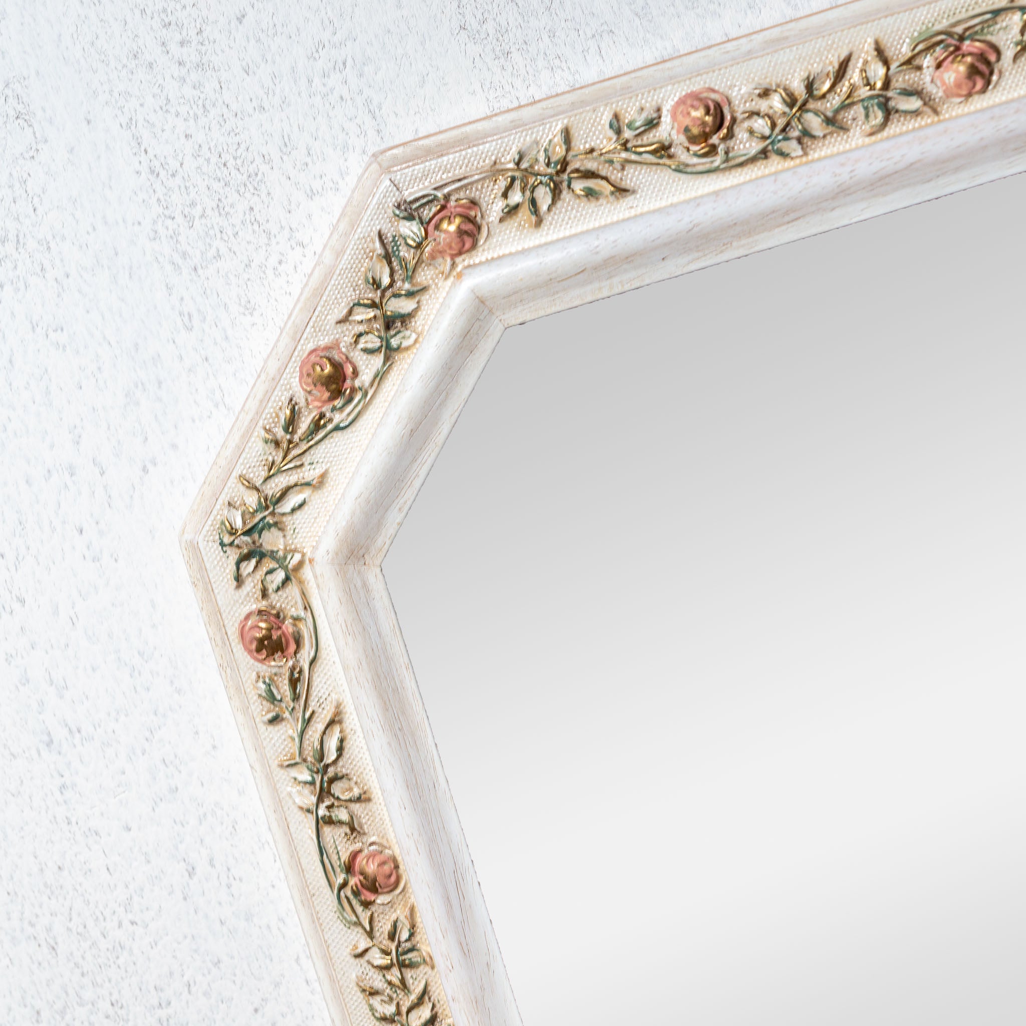 イタリア製 ハンドペイント 八角形ウォールミラー 壁掛け鏡 ローズ