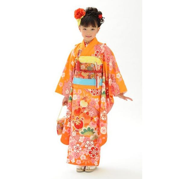 レンタル] 七五三/節句 着物セット 7歳女の子 可憐 大輪 オレンジの
