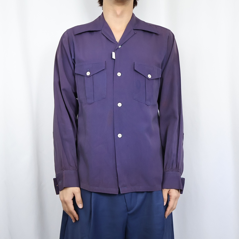 50s 50年代 長袖 紫 パープル 茄子紺 ループカラー レーヨンシャツ