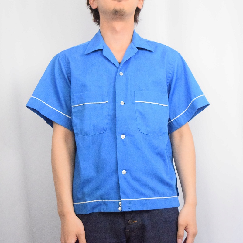 60年代 60s アメリカ製 青 ブルー 半袖 ヒルトン オープンカラーシャツ