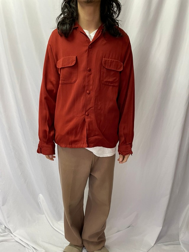 50年代 50s アメリカ製 ハンドステッチ ループカラー 開襟 長袖 赤