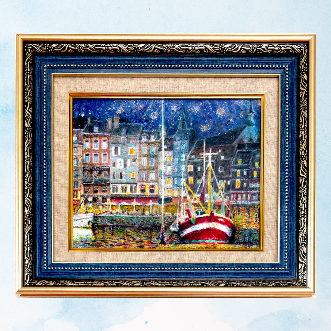 風景画「アートな街路灯の街」油彩画 SM 額付き by 福家佳則 / Fukei