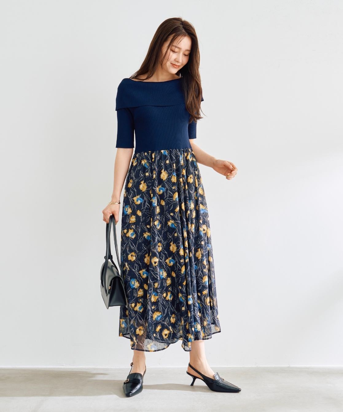 EC限定】ぼかしフラワープリントニットドッキングワンピース｜Stola