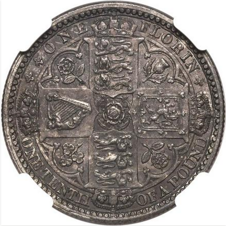 1849年 英国 ヴィクトリア女王 ゴシック ゴッドレス フローリン銀貨