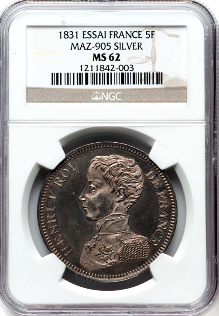 1831年 フランス🇫🇷 アンリ5世 パターン 5フラン銀貨 NGC MS62